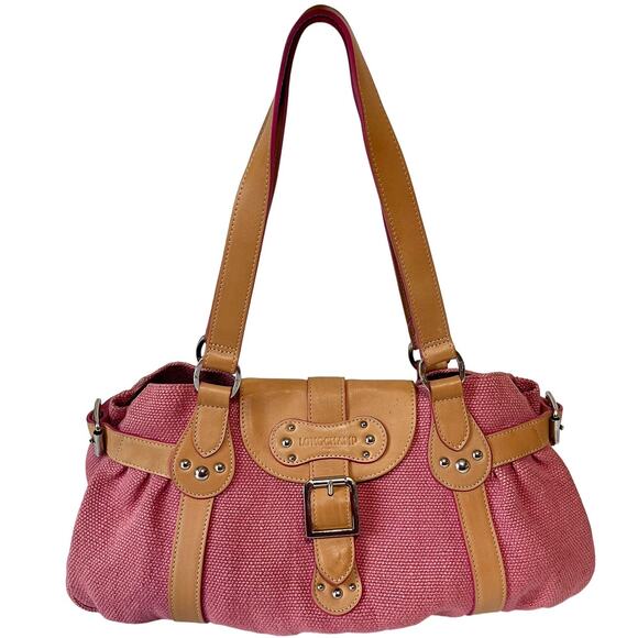 Longchamp Vintage Y2K Idole Pink Silver Canvas Tweed Leather Shoulder Bag France - Picture 1 of 9